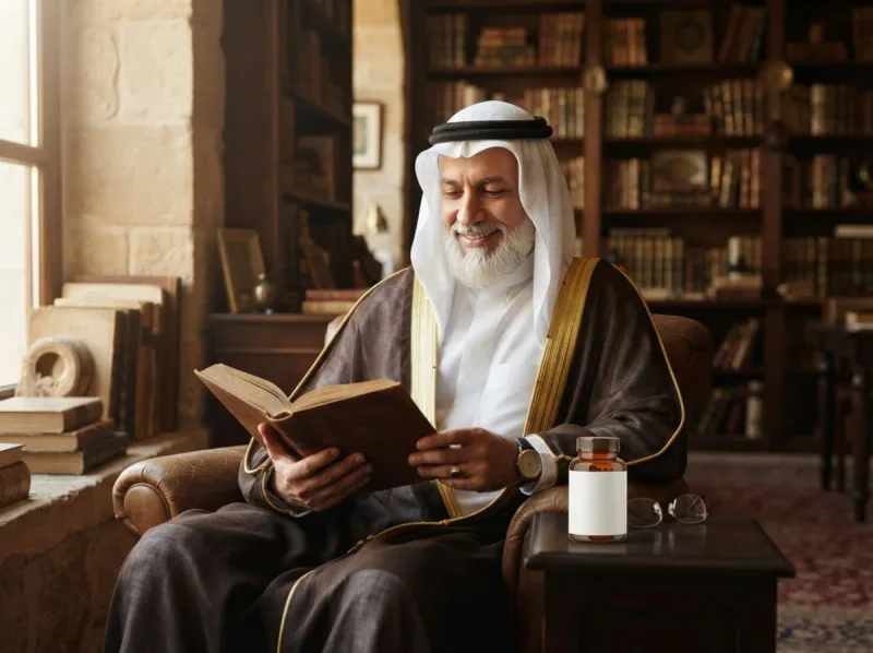 رجل كبير يقرأ في مكتبته المنزلية