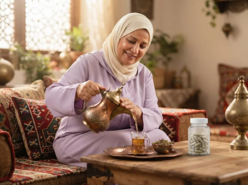امرأة تسكب الشاي في مجلس تقليدي
