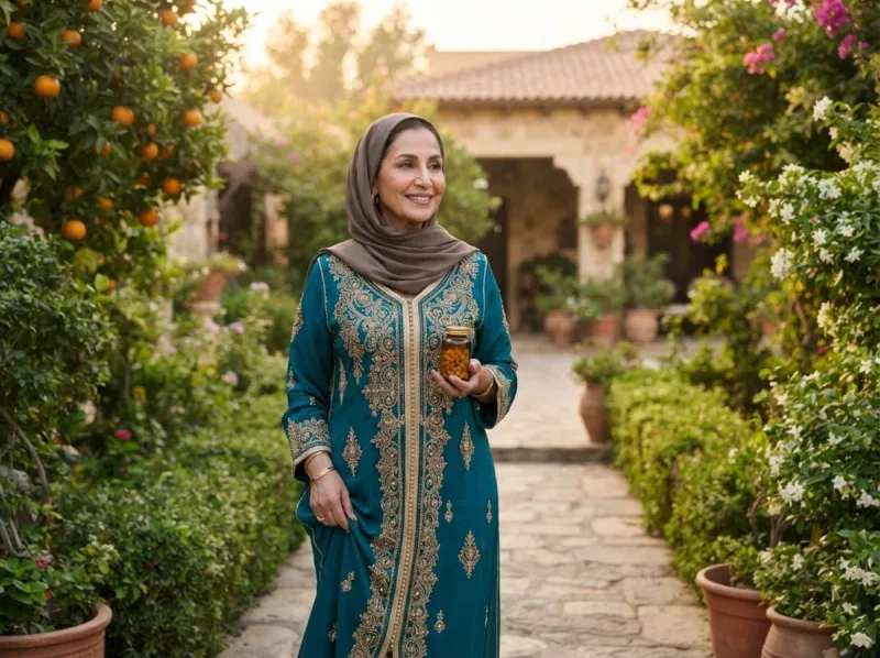 امرأة في حديقة منزلها