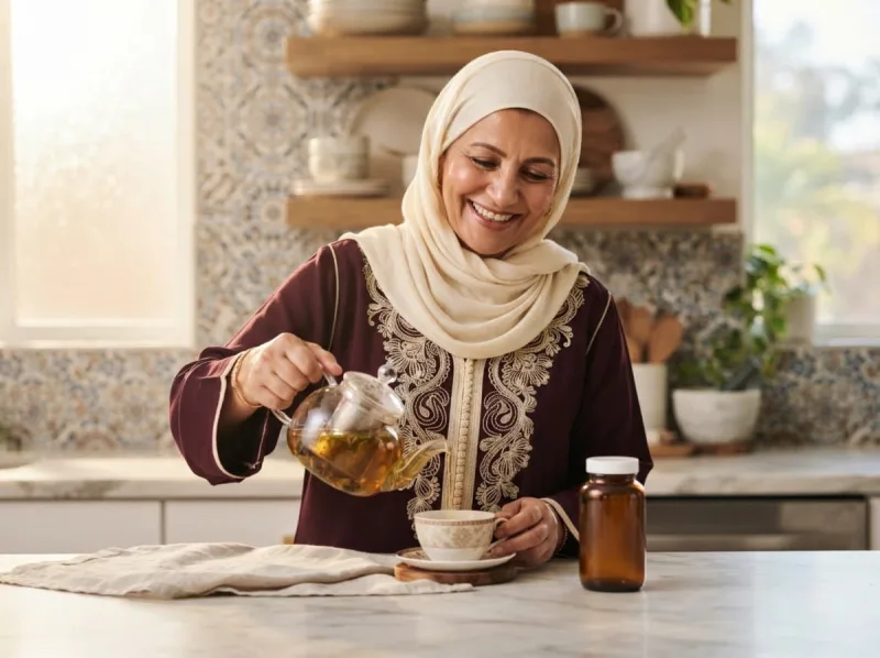 امرأة تحضّر شايها في المطبخ