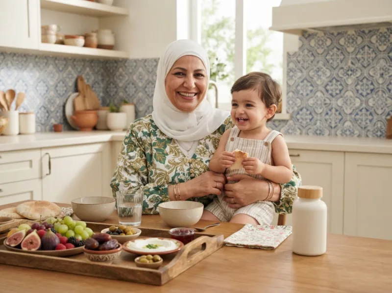 أم مع طفلتها على مائدة الفطور