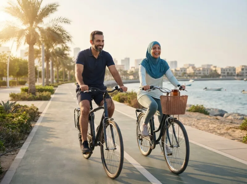زوجان على الدراجات عند الكورنيش