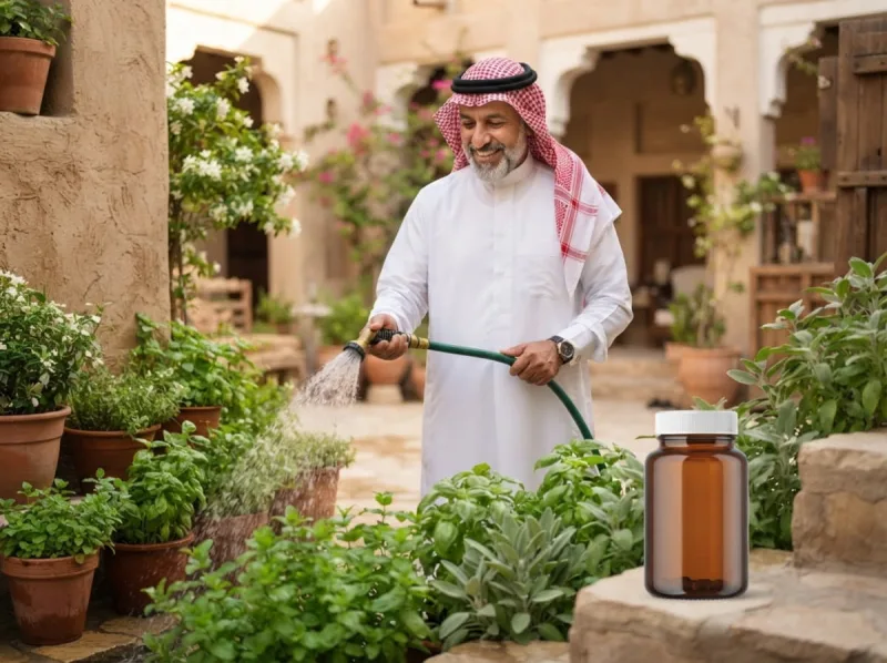 رجل يسقي أعشاب حديقته
